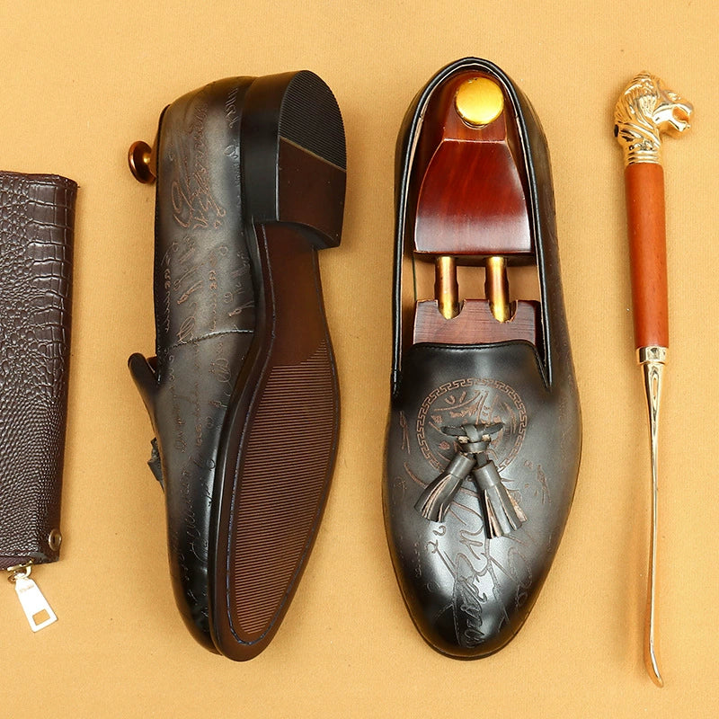 Men’s Full-Grain Leather Retro Tassel Loafers 68879