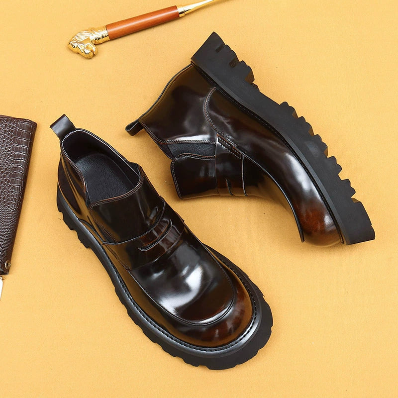 Chaussures en cuir de vachette de première couche pour hommes, chaussures à bout large, bottes pour hommes à gros pieds, bottes Chelsea à plateforme brillantes en cuir véritable doublées de polaire d'hiver 23699 