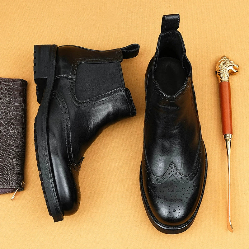 (Ships in 6 days)Men’s New Horsehide British Retro Brogue Goodyear Boots M30H-3