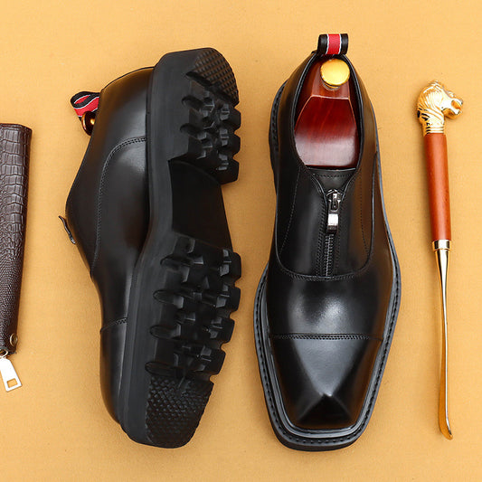 Top Layer Cowhide Men's Leather Shoes Men's Leather Shoes Business Formal Wear Cowhide Casual Shoes Square Toe Platform Zipper Elevator Shoes68901