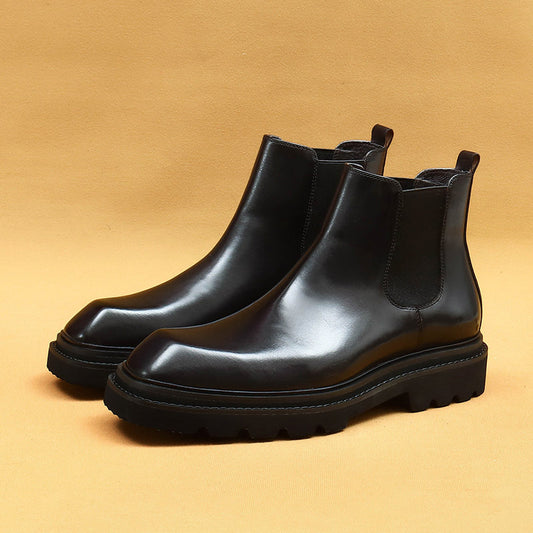 Top Layer Cowhide Men's Leather Shoes Winter Chelsea Men's Boots Authentic Leather Square Toe Short Tube High-Top Platform Business Casual Leather Boots86216