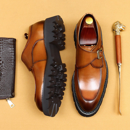 Top Layer Cowhide Men's Leather Shoes Business Leather Shoes Men's Leather Pointed British Style Slip-on Buckle Monk Shoes Platform Men's Shoes96151