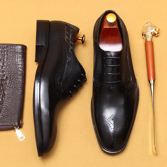 Pointed Toe Leather Shoes Men's Genuine Leather Hand-Rub Color Men's Shoes Business Formal Wear Pointed Toe Carving Brogue Oxford Shoes96110