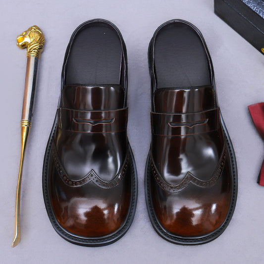 Large Round Toe Men's Shoes Flat Toe Men's British Business Casual Cowhide Genuine Leather Shoes Half Slip-on British Wide Foot Men's Shoes 23710