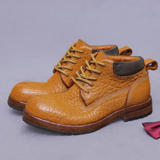 Cowhide Yellow Boots Martin Boots Men's Lychee Pattern Genuine Leather High-top British Handmade Inner Seam Leather Sole Work Short Boots 1570A-11B