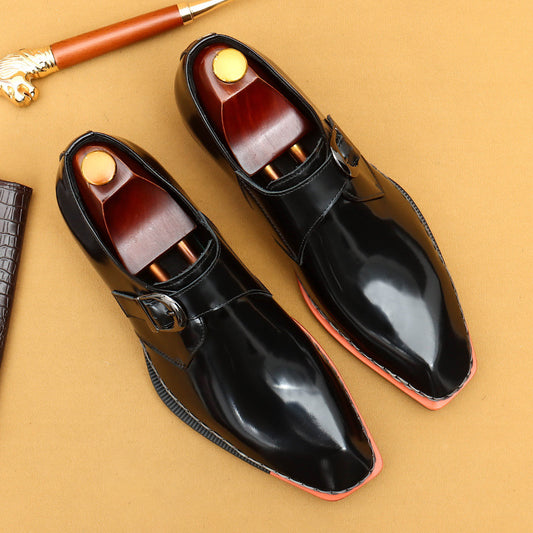 Top Layer Cowhide Men's Leather Shoes Monk Shoes Leather Shoes High-Grade Patent Leather Glossy Men's Shoes British Buckle Business Casual Formal Wear23688