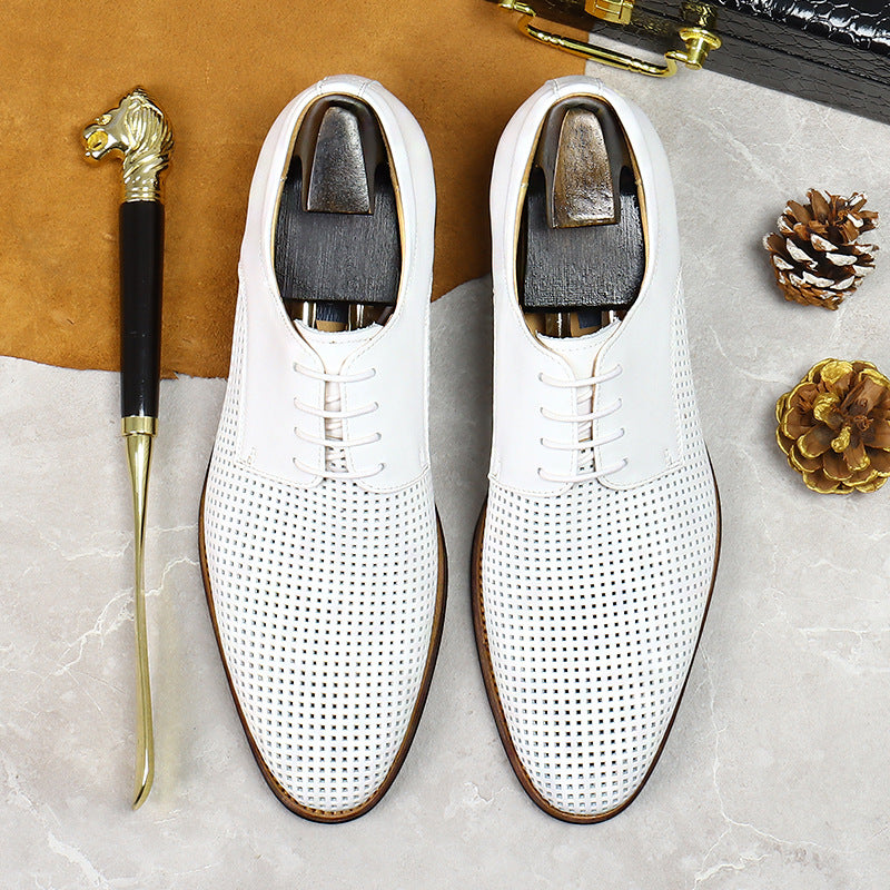 Men's Business Casual Leather Shoes Genuine Leather Cowhide Comfortable Hollow Soft Surface Summer Breathable Leather Shoes 21007