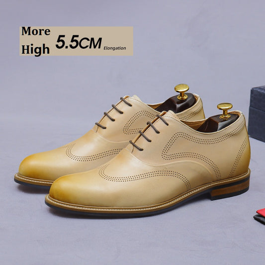 Men's British Style Genuine Leather Business Invisible Height Increase 5.5cm Carved Inner Height Increase Leather 65128