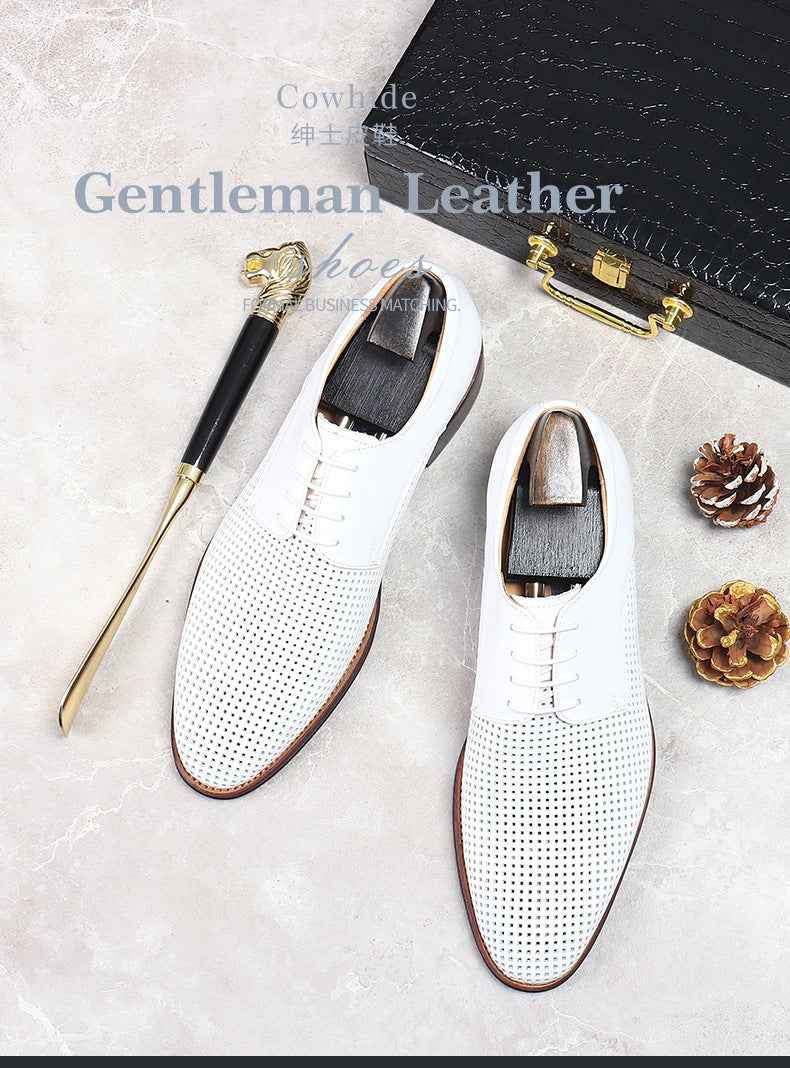 Men's Business Casual Leather Shoes Genuine Leather Cowhide Comfortable Hollow Soft Surface Summer Breathable Leather Shoes 21007