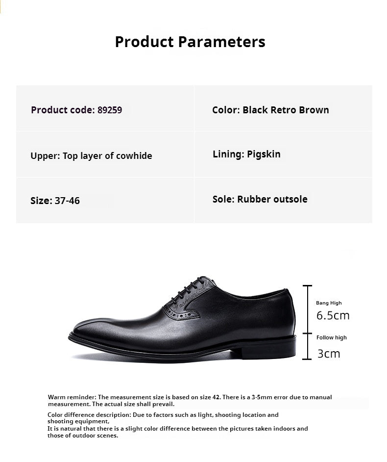 Top Layer Cowhide Men's Leather Shoes Formal Shoes Genuine Cowhide Business British Style Hand-Rub Color Oxford Shoes Pointed Leather Shoes89259