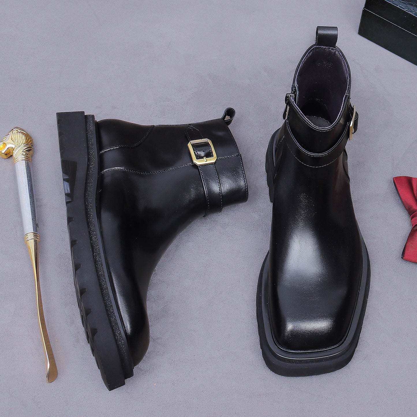 Square-Toe Zip-Up Chelsea High-Top Short Boots 96195