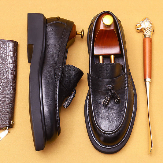Authentic Leather Loafers Men's Slip-on Business Casual British Retro Tassel Platform Leather Shoes22370