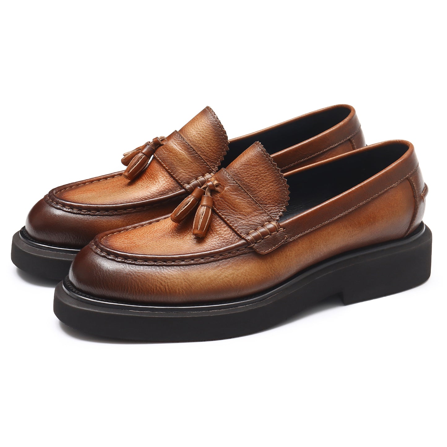 Mocassins en cuir authentiques pour hommes, chaussures à enfiler, décontractées, style britannique rétro, à plateforme, à pompons, 22370 
