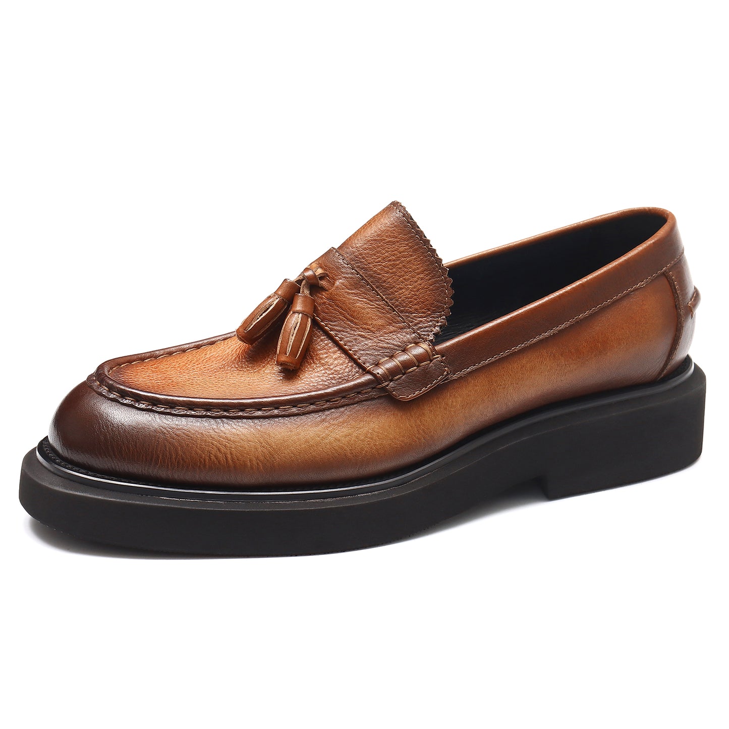 Mocassins en cuir authentiques pour hommes, chaussures à enfiler, décontractées, style britannique rétro, à plateforme, à pompons, 22370 