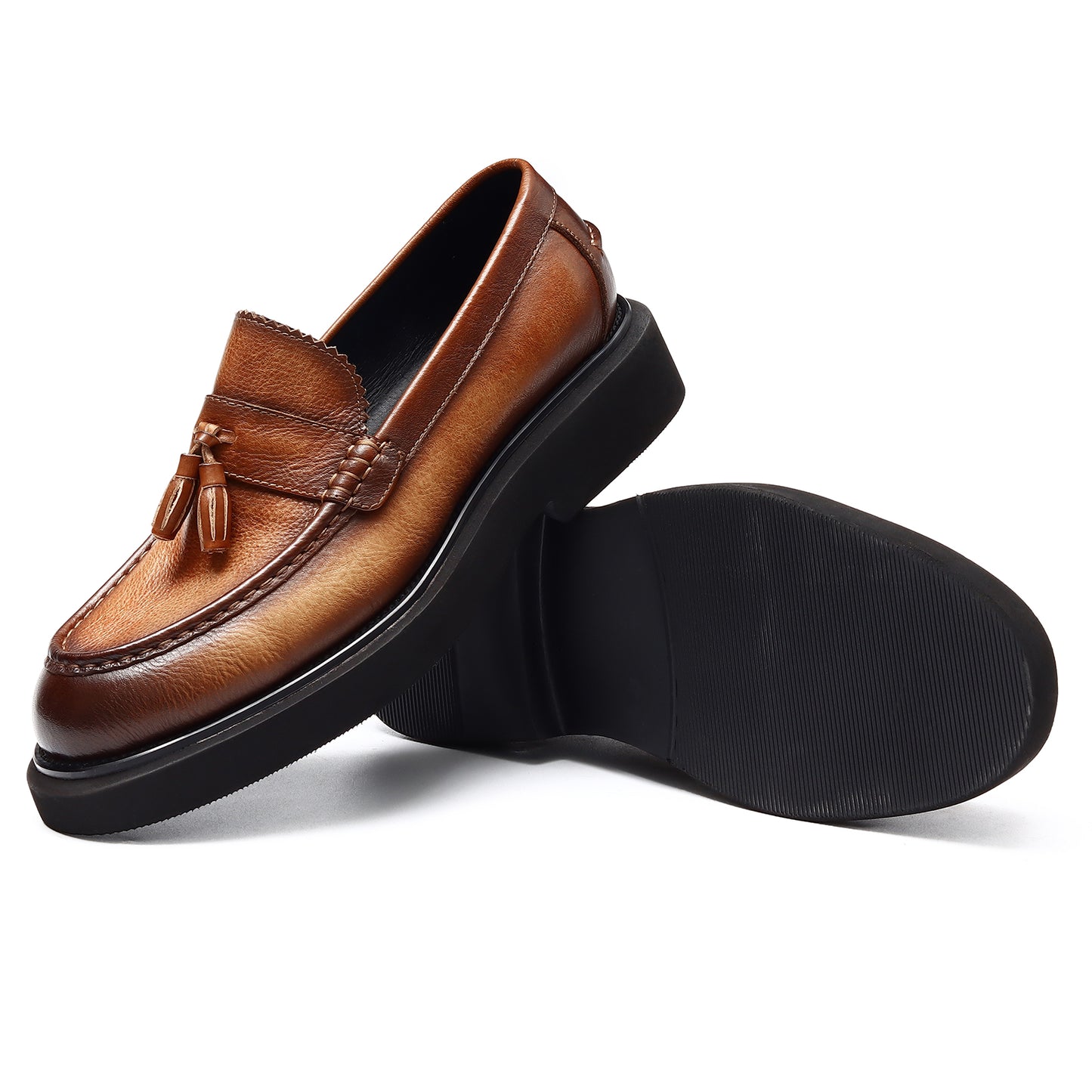 Mocassins en cuir authentiques pour hommes, chaussures à enfiler, décontractées, style britannique rétro, à plateforme, à pompons, 22370 