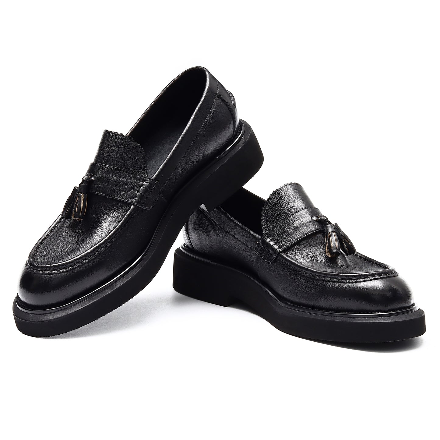 Mocassins en cuir authentiques pour hommes, chaussures à enfiler, décontractées, style britannique rétro, à plateforme, à pompons, 22370 