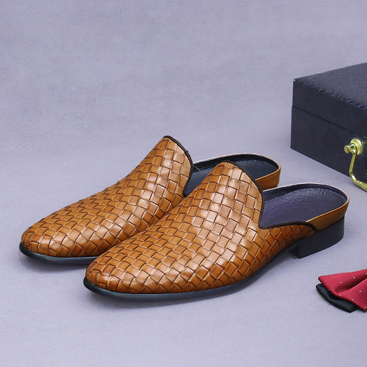 Genuine Leather Closed-Toe Half-Slip Shoes for Men, Summer Woven Leather Slip-On Shoes, Breathable Backless Shoes for Men 65162