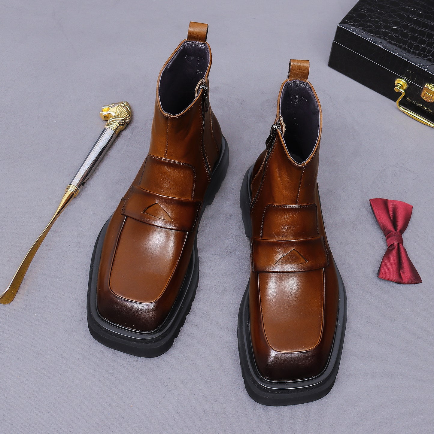 Men's Boots New British Style Patchwork Leather Martin Boots Men's Side Zipper Genuine Leather Warm Slip-On Square Toe Business Boots 96193