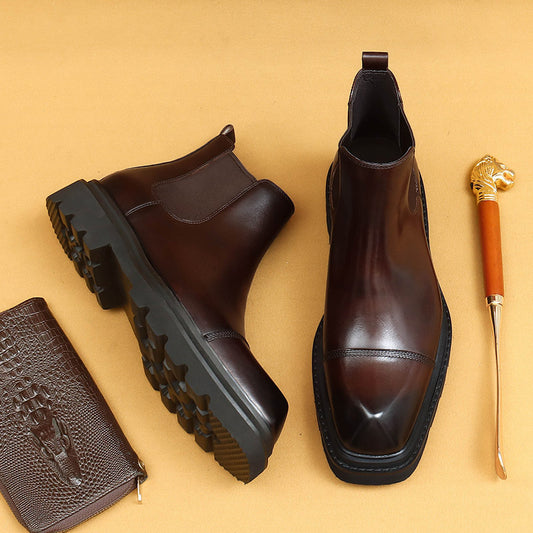 Top Layer Cowhide Men's Leather Shoes Winter Chelsea Boots Men's Short Boots Mid-Top British Authentic Leather Square Toe Thick Bottom Increased Cowhide86217