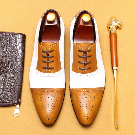 Chaussures en cuir de vachette pour hommes de première couche Chaussures en cuir Brogue blanches pour hommes Costume de marié gentleman Tenue d'affaires formelle Chaussures de mariage en cuir véritable 