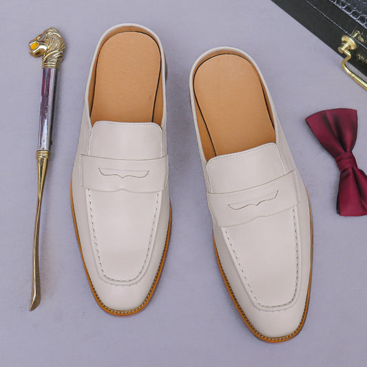 Handcrafted Business Men's Leather Shoes Half-Slip Cowhide Genuine Leather Lazy Shoes Slip-On Casual Leather Shoes Closed-Toe Slippers Men 96168