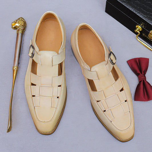 Chinese Retro Cool Leather Shoes for Men Genuine Leather Cowhide Buckle Hollow Business Work Casual Shoes 65129