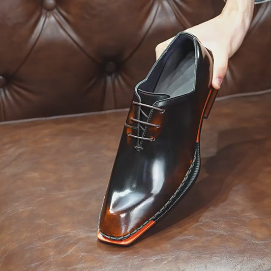 Top Layer Cowhide Men's Leather Shoes Xiaohongshu Same Style Square Toe British Glossy Leather Shoes High-Grade Patent Leather Polished Oxford Men's Shoes23687